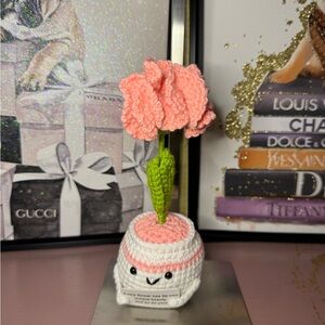 Crocheted Pink Flower Pot Decor